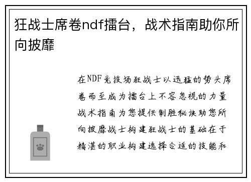 狂战士席卷ndf擂台，战术指南助你所向披靡